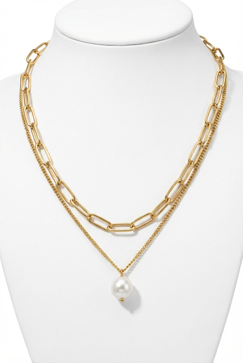 Gold Layered Gold Chain Necklace with Pearl Pendant - Photo 1