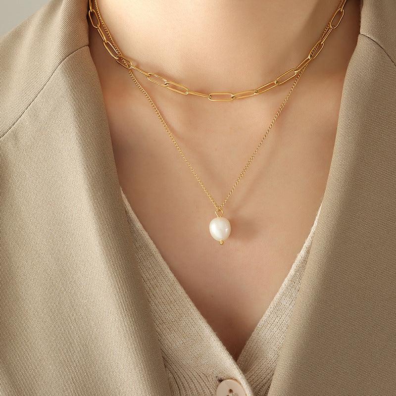 Gold Layered Gold Chain Necklace with Pearl Pendant - Photo 2