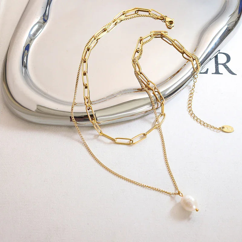 Gold Layered Gold Chain Necklace with Pearl Pendant - Photo 4
