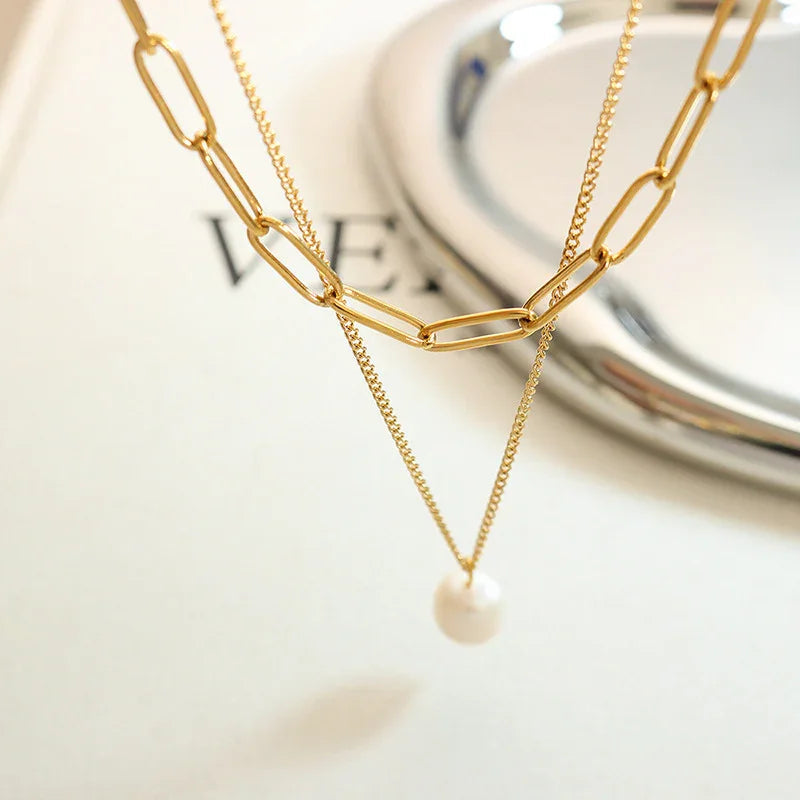 Gold Layered Gold Chain Necklace with Pearl Pendant - Photo 5