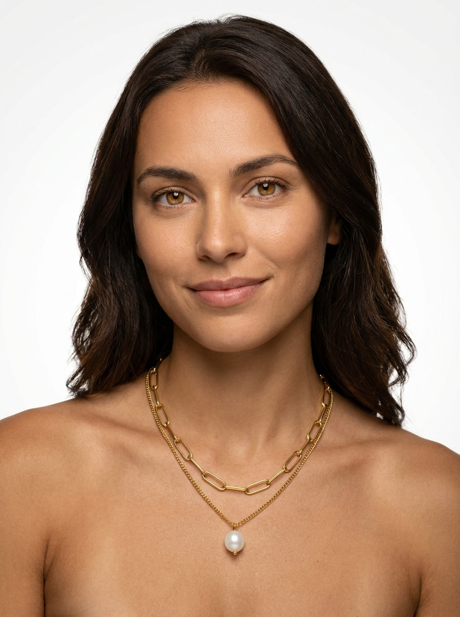 Gold Layered Gold Chain Necklace with Pearl Pendant - Photo 6