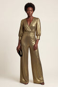 Gold Metallic Wide Leg Wrap Jumpsuit with Three-quarter Sleeves - Wide leg jumpsuit - Photo 2