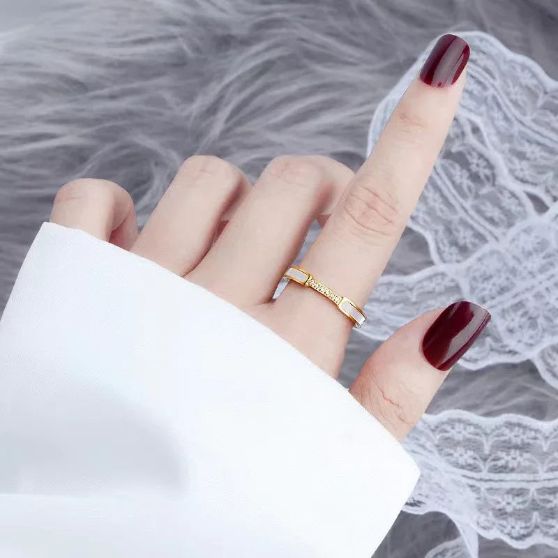 Gold Mother of Pearl Inlay Gold-tone Band Ring with Crystal Accents - Rings - Photo 6