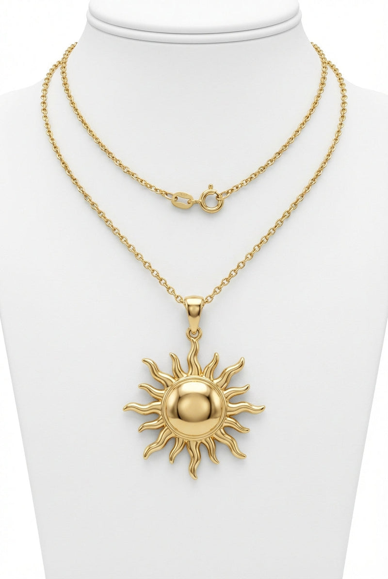 Gold Polished Gold Sun Pendant Necklace with Sculpted Rays - Pendant necklaces - Photo 1