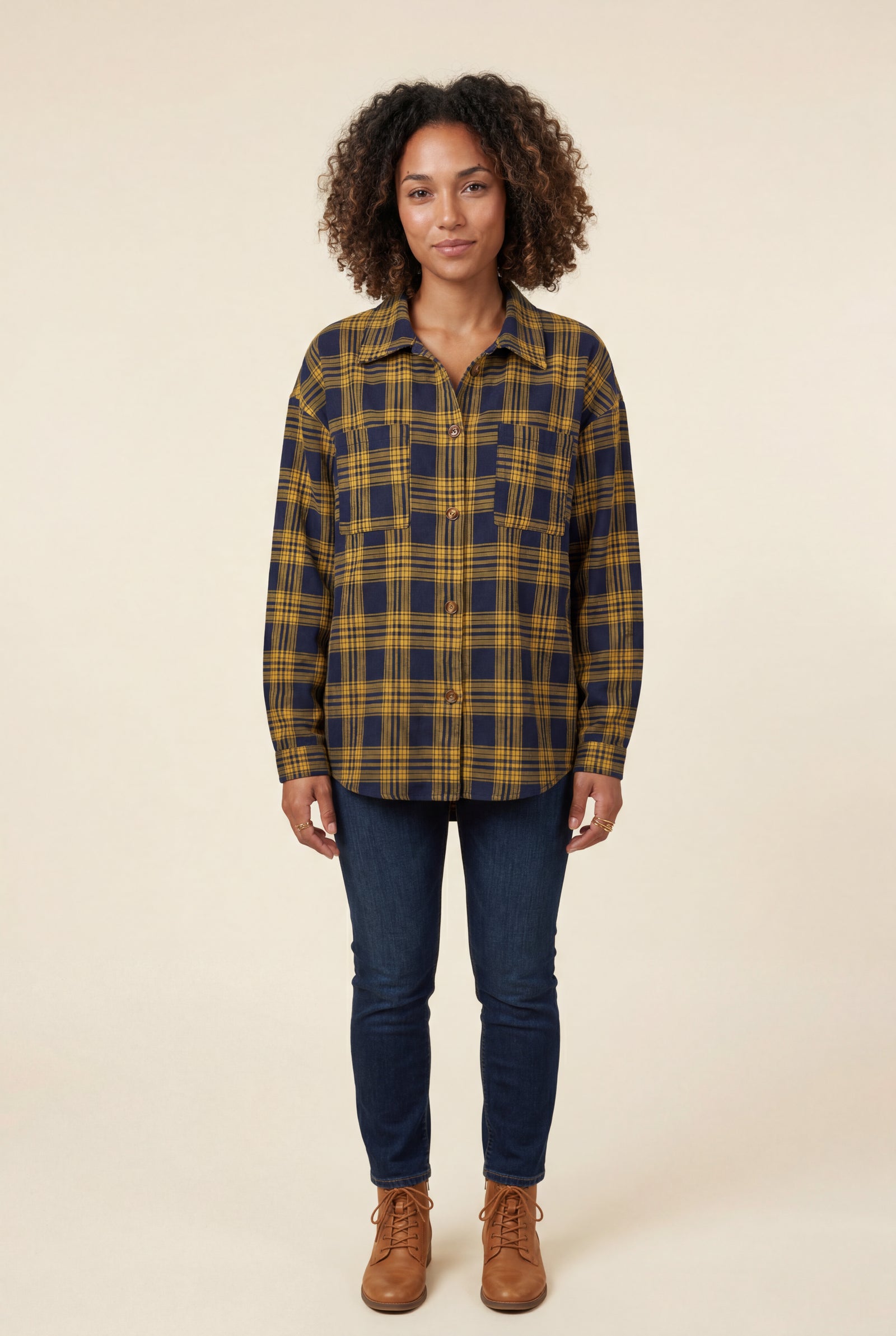 Gold Relaxed Fit Checked Long Sleeve Shirt with Classic Collar - Checked shirts - Photo 15