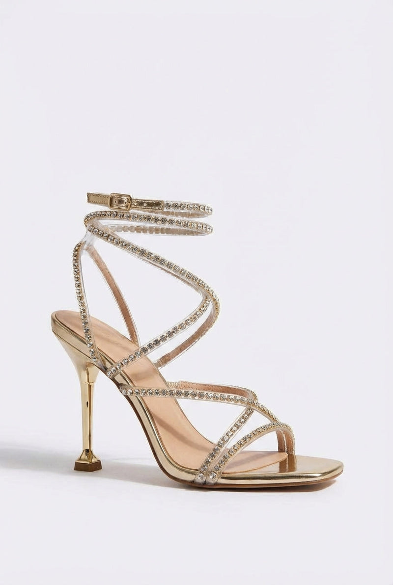 Gold Rhinestone Strap Ankle Stiletto Heels with Metallic Finish - High heels - Photo 1