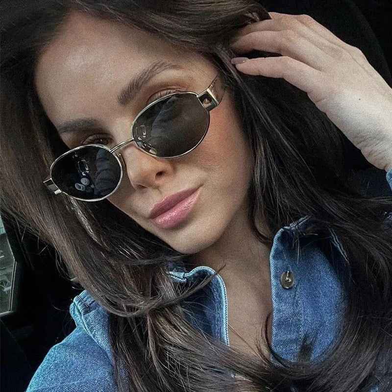 Gold Sleek Narrow Oval Frame Metal Sunglasses - Photo 5