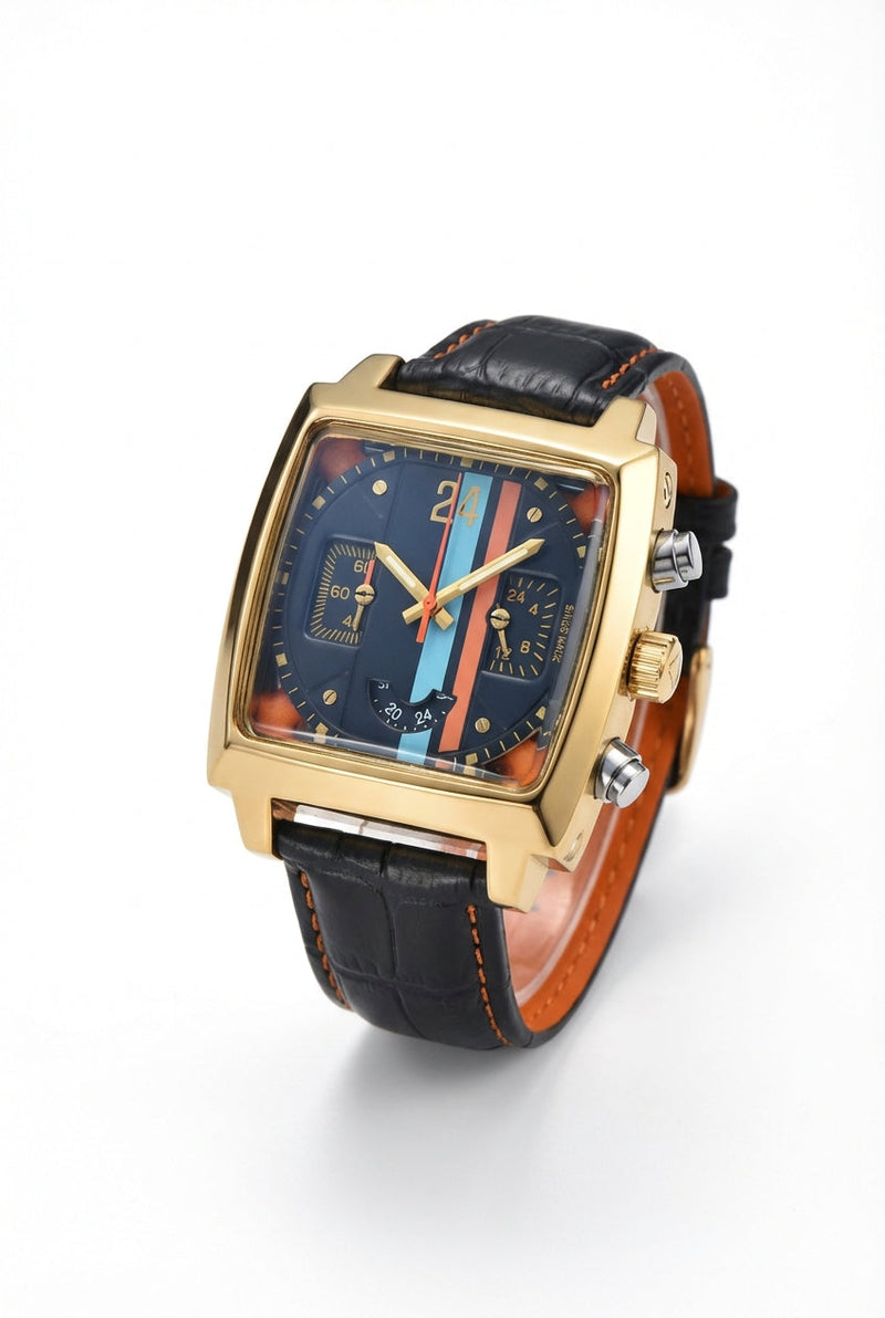 Gold Square Dial Chronograph Watch with Racing Stripe Detail - Vintage watches - Photo 1