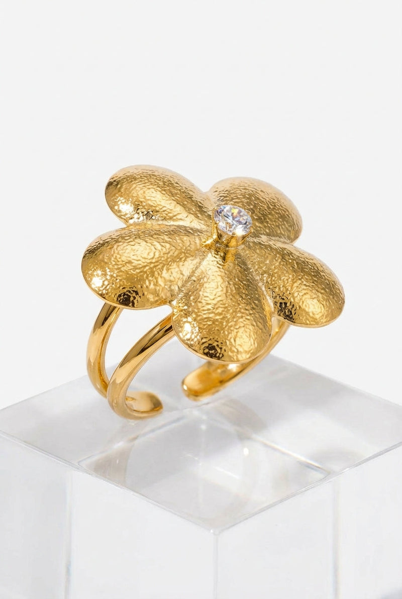 Gold Textured Gold Flower Statement Ring with Crystal Center - Statement rings - Photo 1