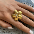 Gold Textured Gold Flower Statement Ring with Crystal Center - Statement rings - Photo 2