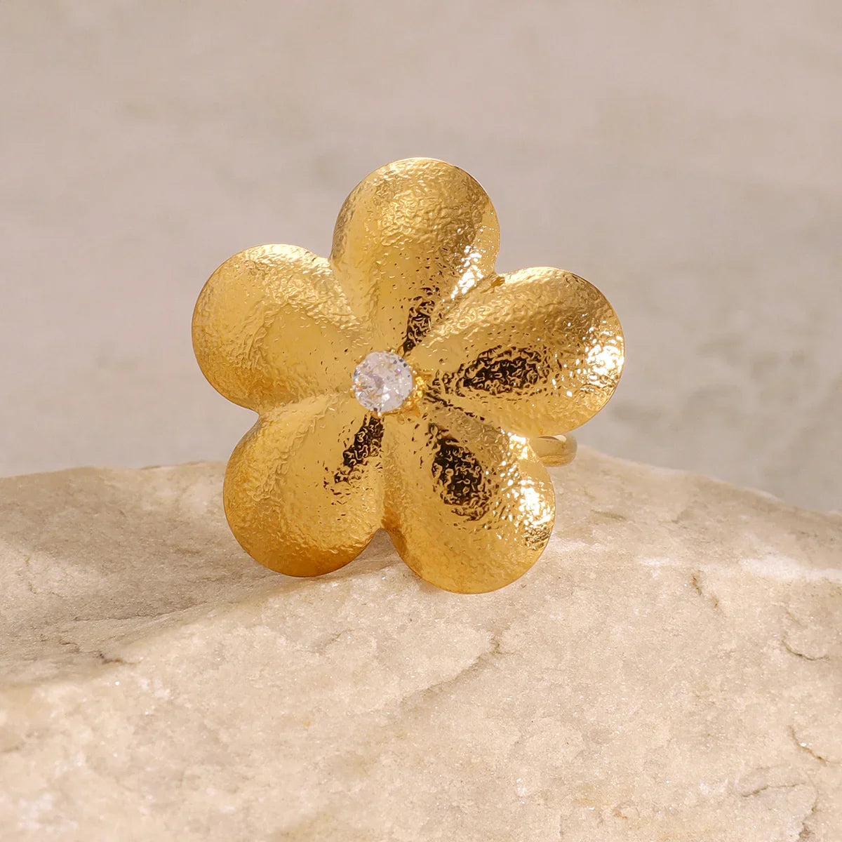 Gold Textured Gold Flower Statement Ring with Crystal Center - Statement rings - Photo 3