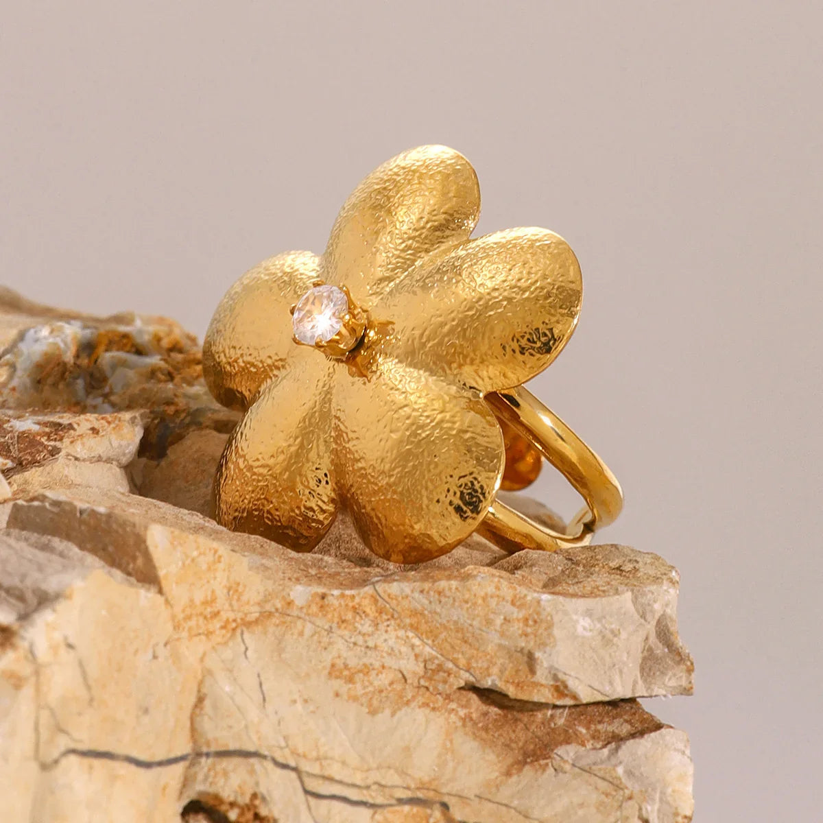 Gold Textured Gold Flower Statement Ring with Crystal Center - Statement rings - Photo 4