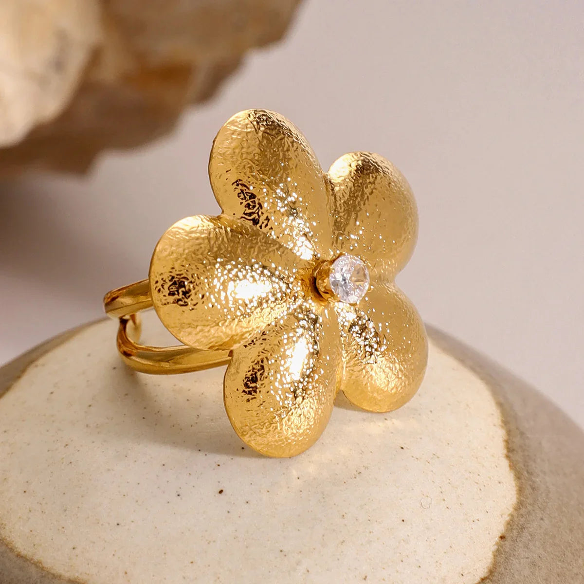 Gold Textured Gold Flower Statement Ring with Crystal Center - Statement rings - Photo 5