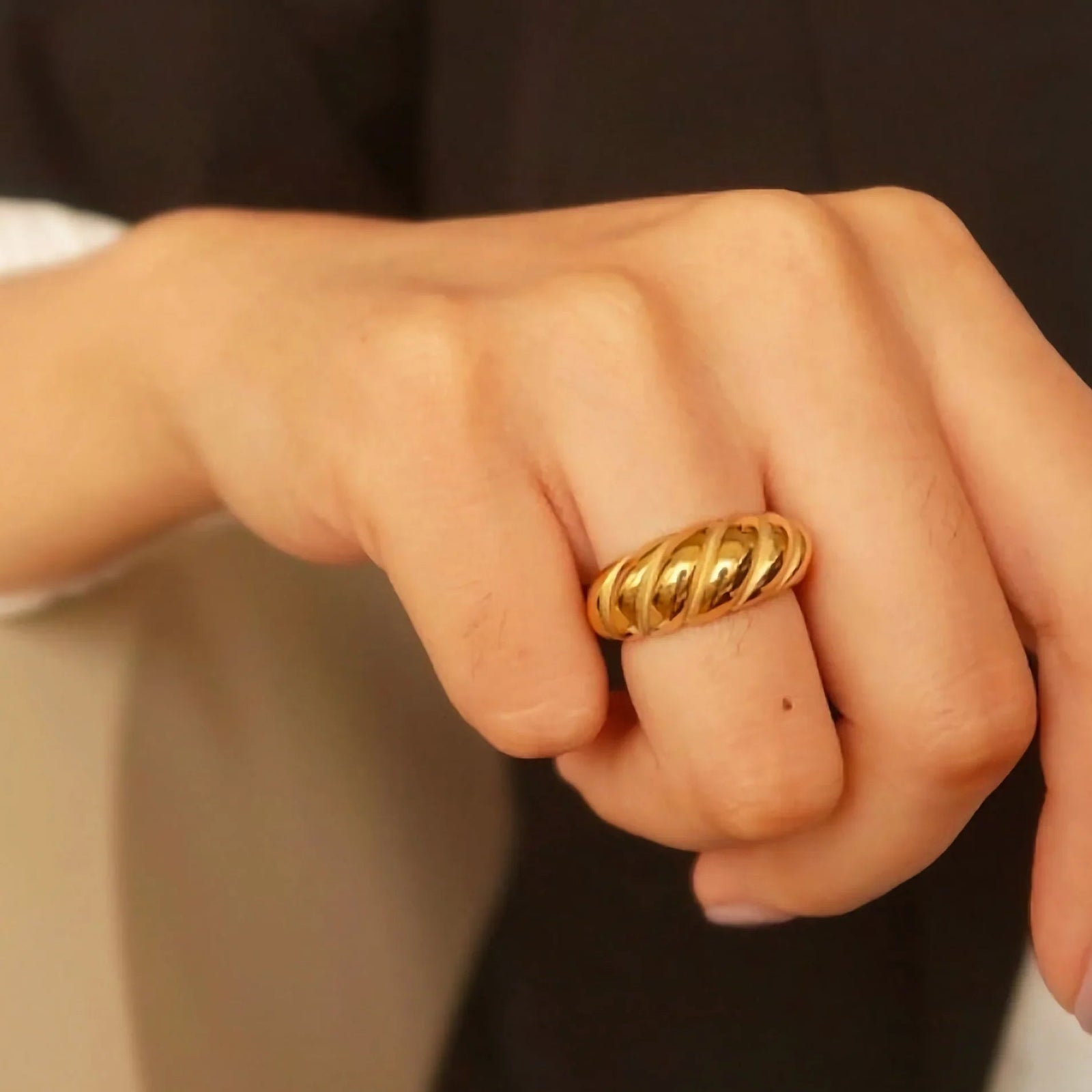 Gold Twisted Domed Gold-tone Statement Ring with Chunky Band - Statement rings - Photo 3