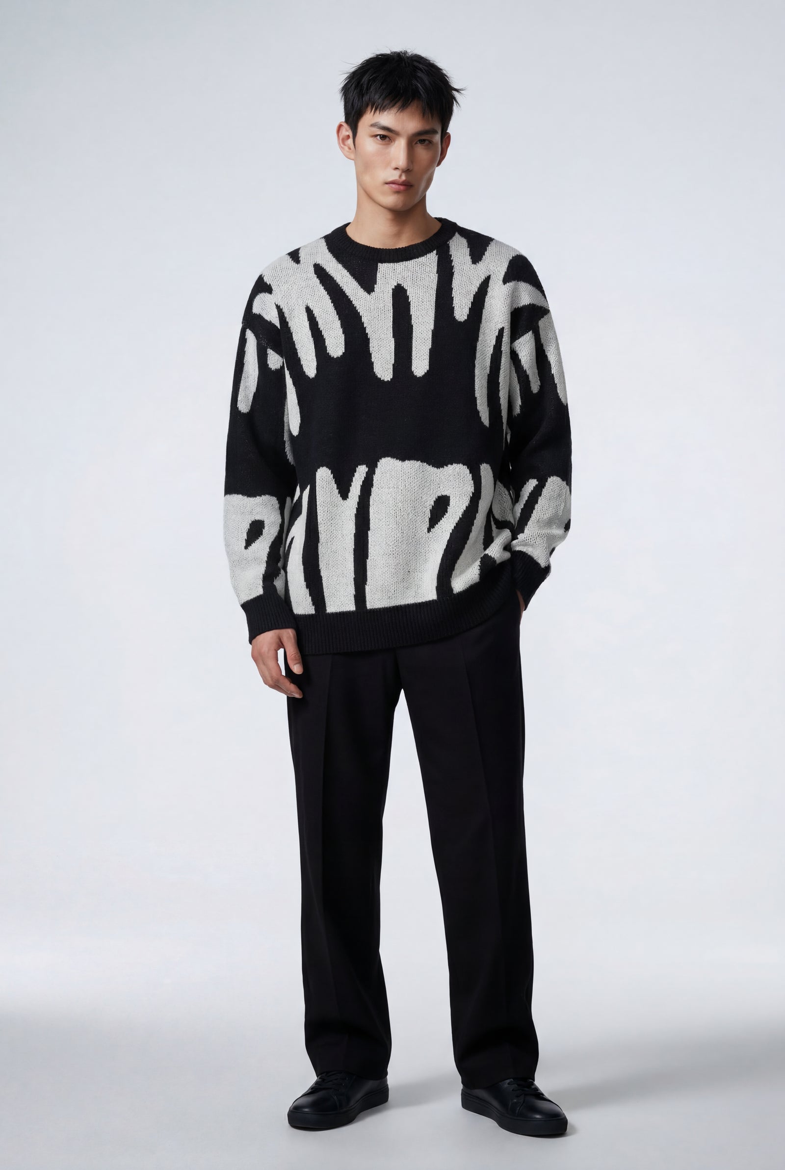 Gray Abstract Intarsia Relaxed Crew Neck Jumper - Knitted jumper - Photo 6