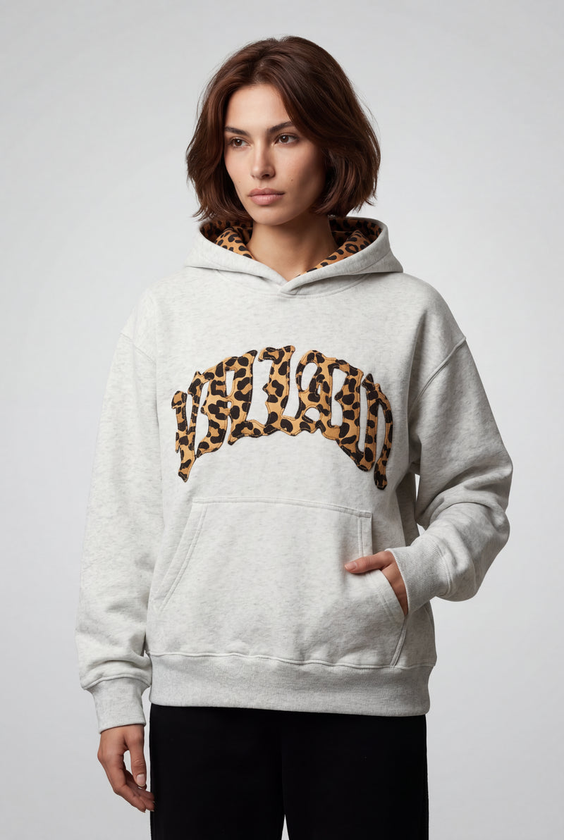 Gray Animal Print Appliqué Relaxed Fit Casual Hoodie - Photo 1