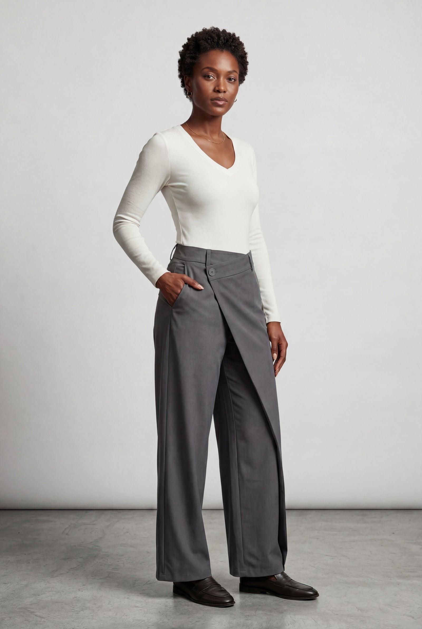 Gray Asymmetrical Wrap Front Wide Leg Trousers - Photo 10