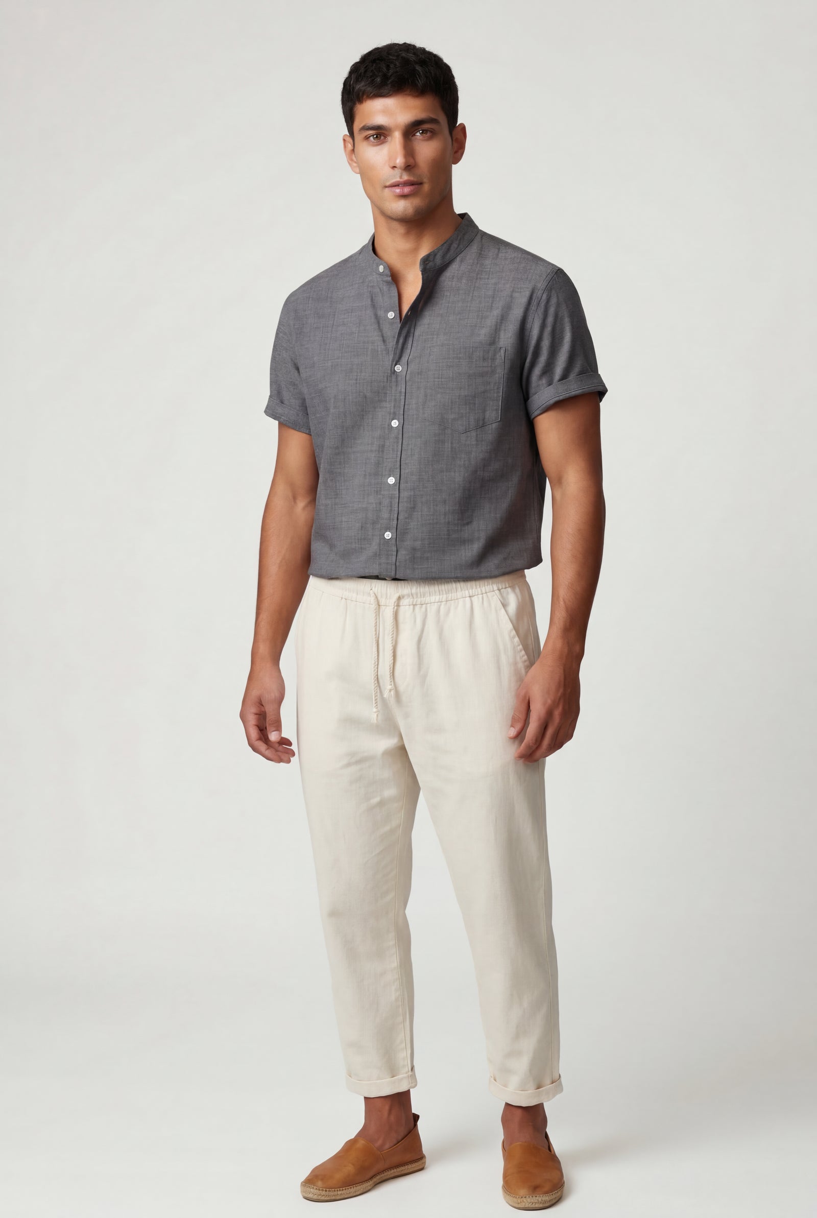 Gray Band Collar Shirt and Drawstring Trouser Casual Set - Photo 4