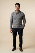 Gray Basketweave Shawl Collar Sweater with Button Detail - Knit sweaters - Photo 1