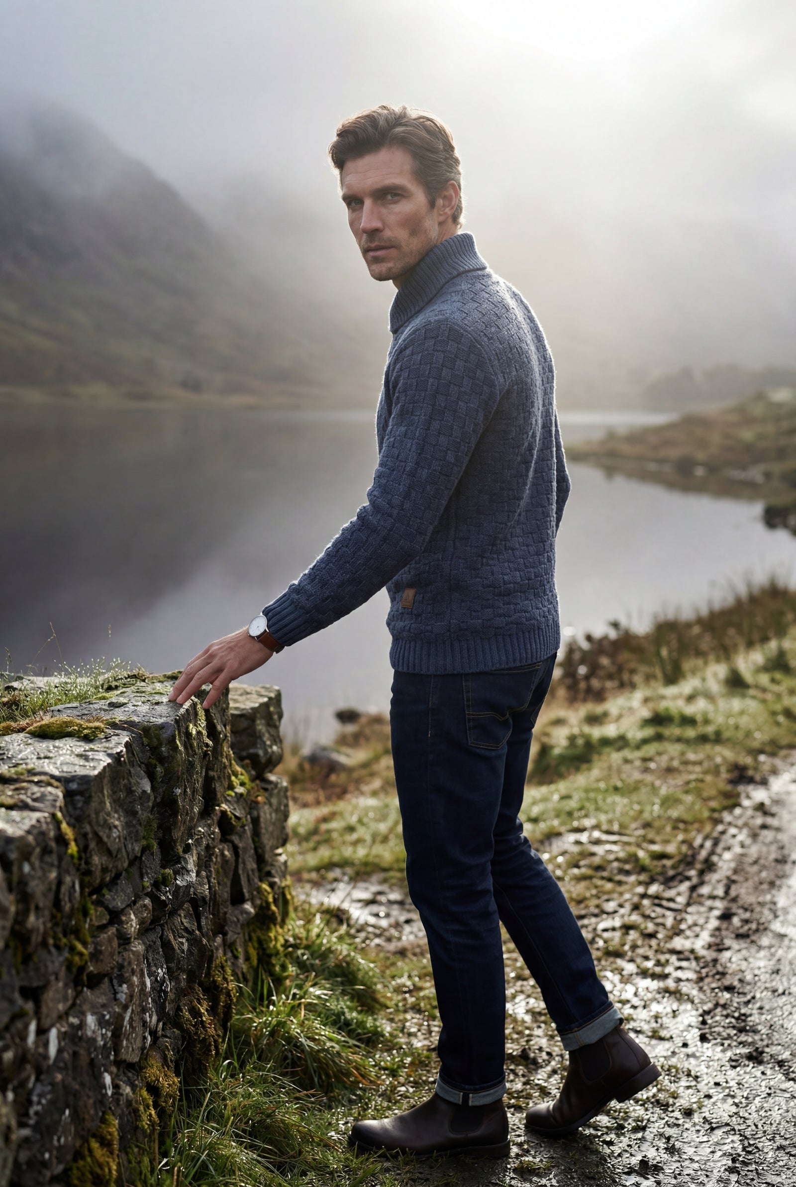 Blue Basketweave Shawl Collar Sweater with Button Detail - Knit sweaters - Photo 12