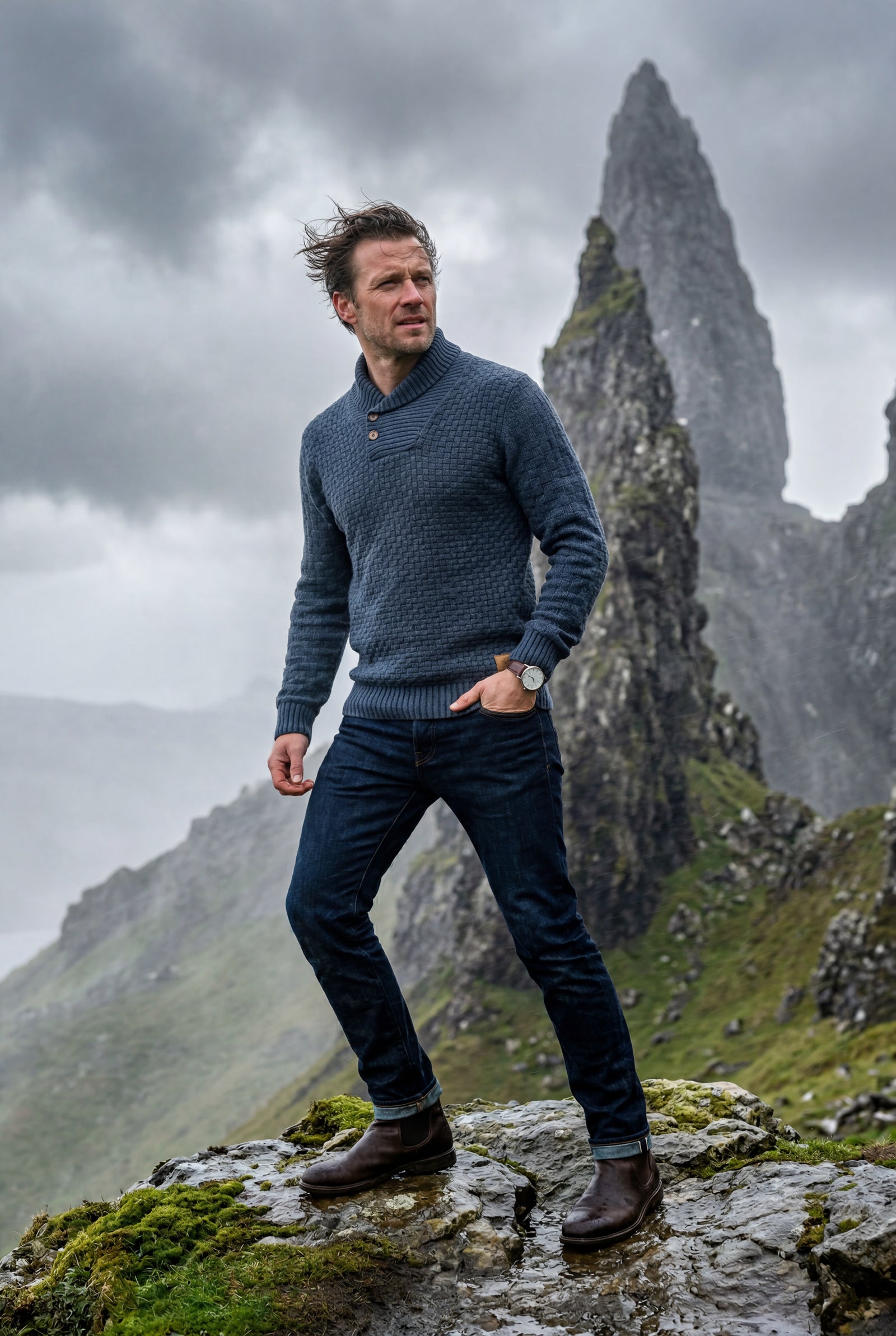 Blue Basketweave Shawl Collar Sweater with Button Detail - Knit sweaters - Photo 14