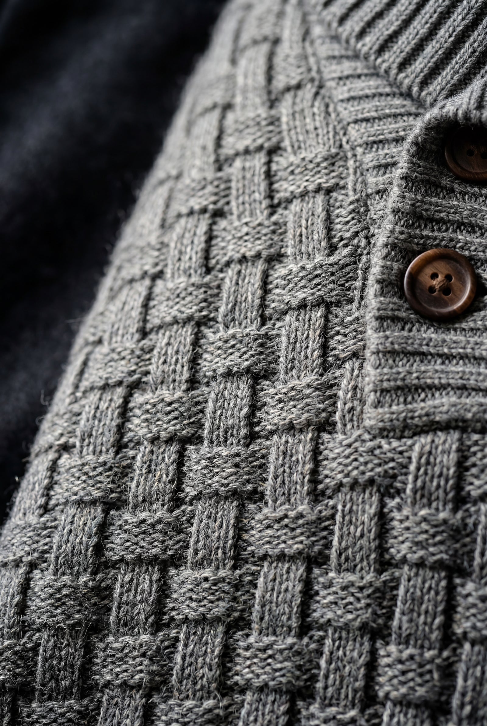 Gray Basketweave Shawl Collar Sweater with Button Detail - Knit sweaters - Photo 4