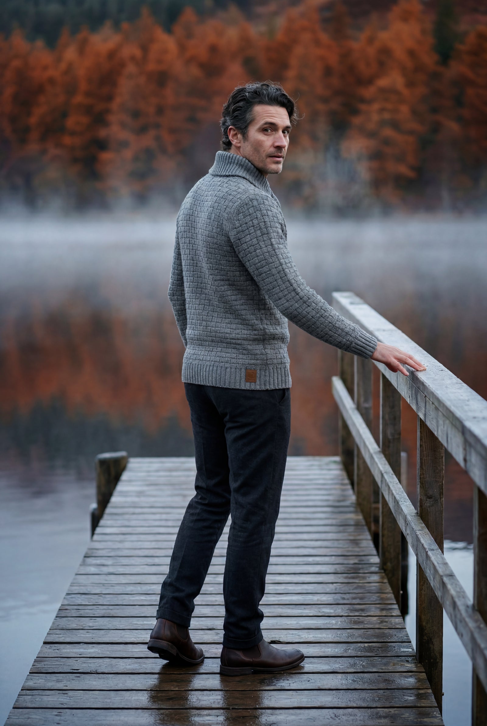 Gray Basketweave Shawl Collar Sweater with Button Detail - Knit sweaters - Photo 6