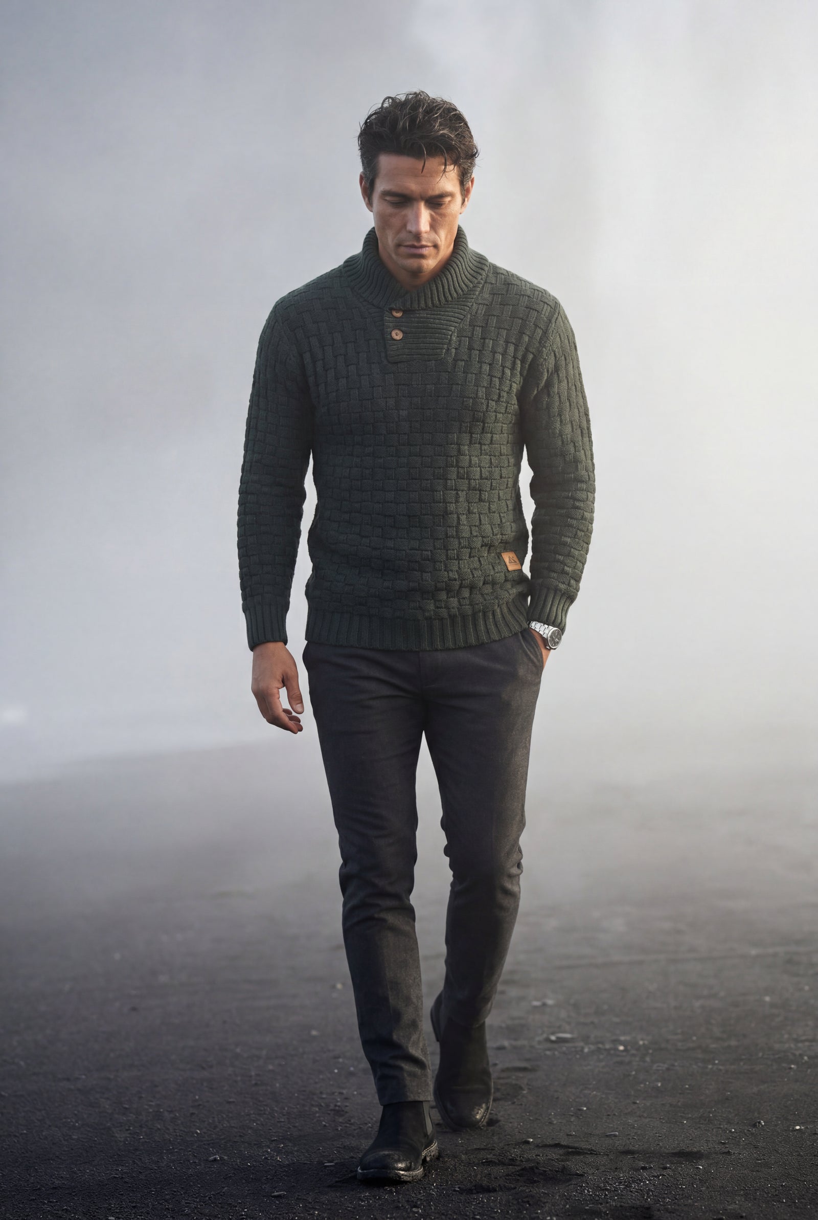 Black Basketweave Shawl Collar Sweater with Button Detail - Knit sweaters - Photo 7