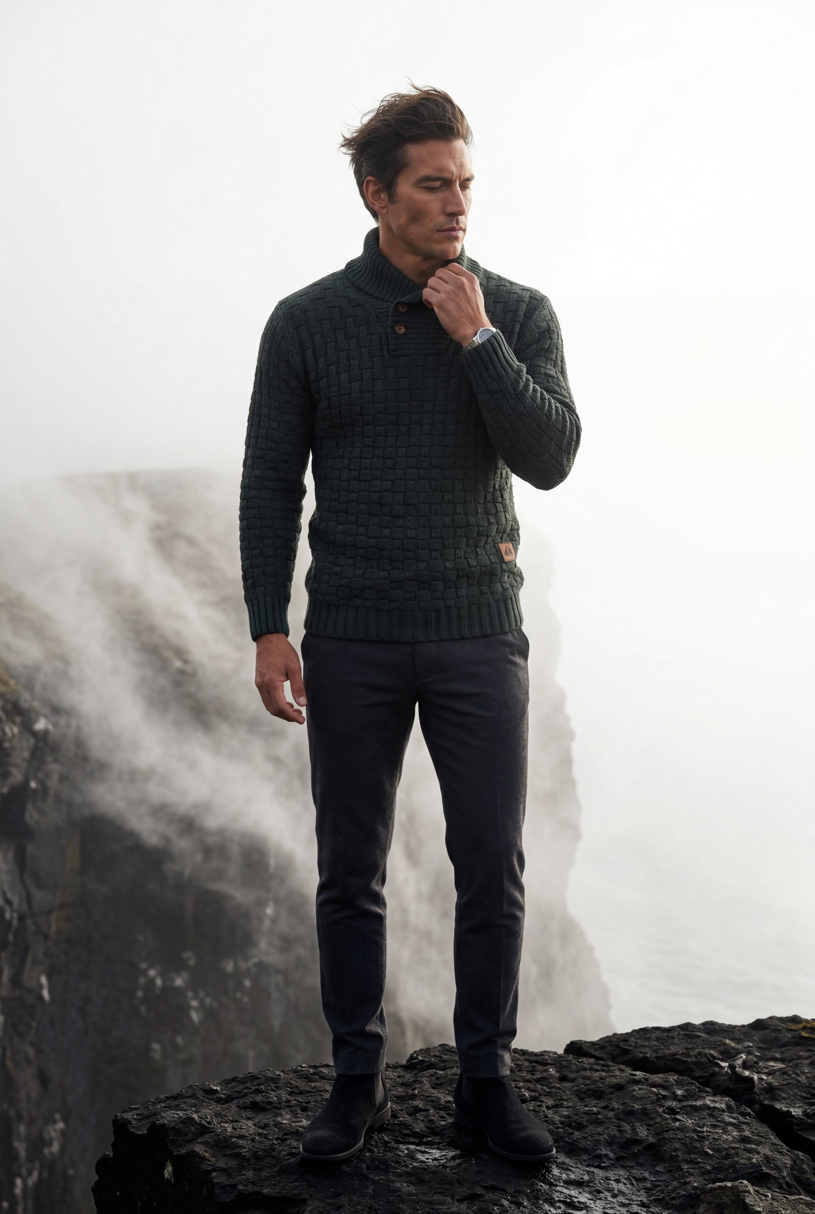 Black Basketweave Shawl Collar Sweater with Button Detail - Knit sweaters - Photo 9