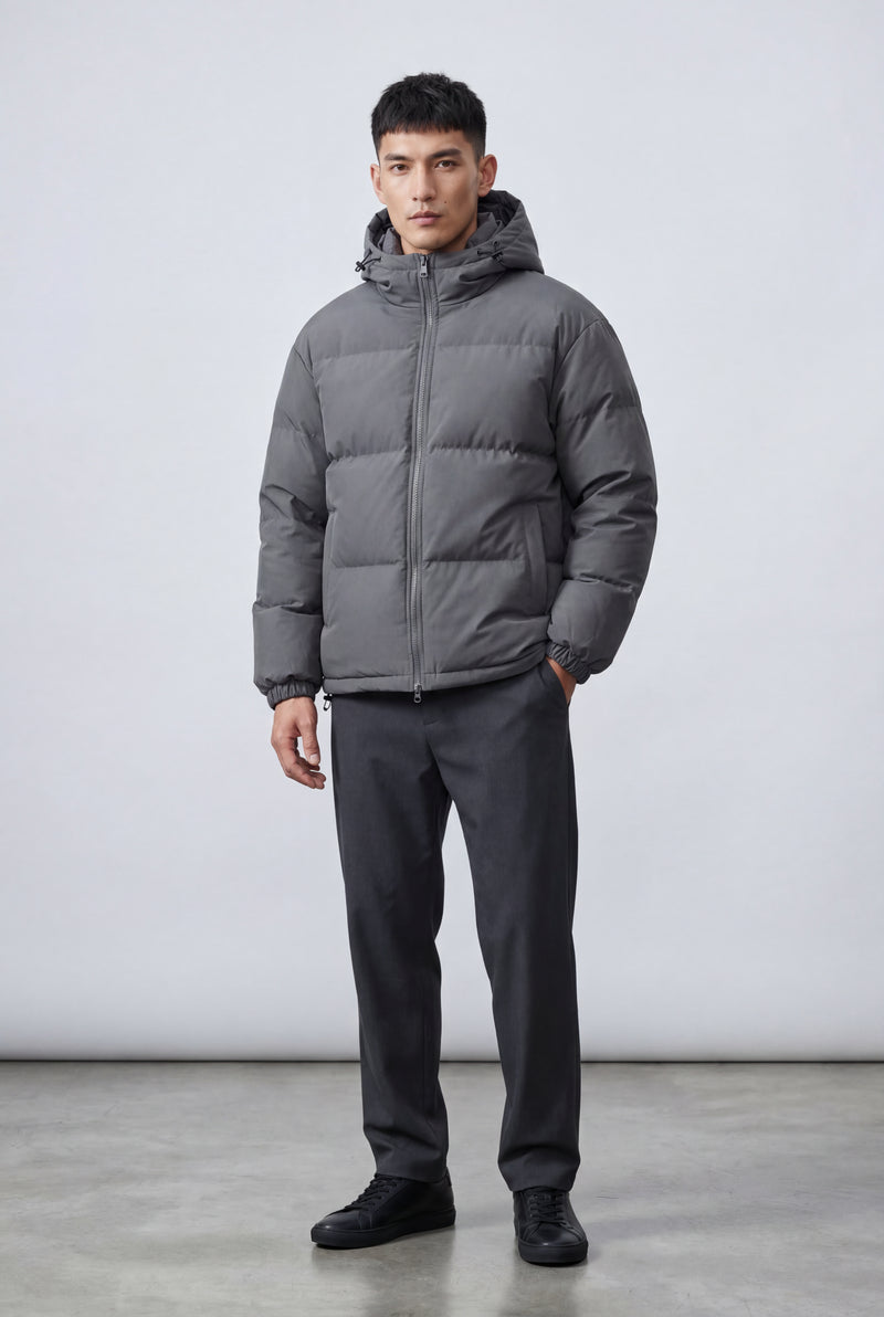 Gray Boxy Hooded Puffer Jacket with High Neck - Hooded jackets - Photo 1