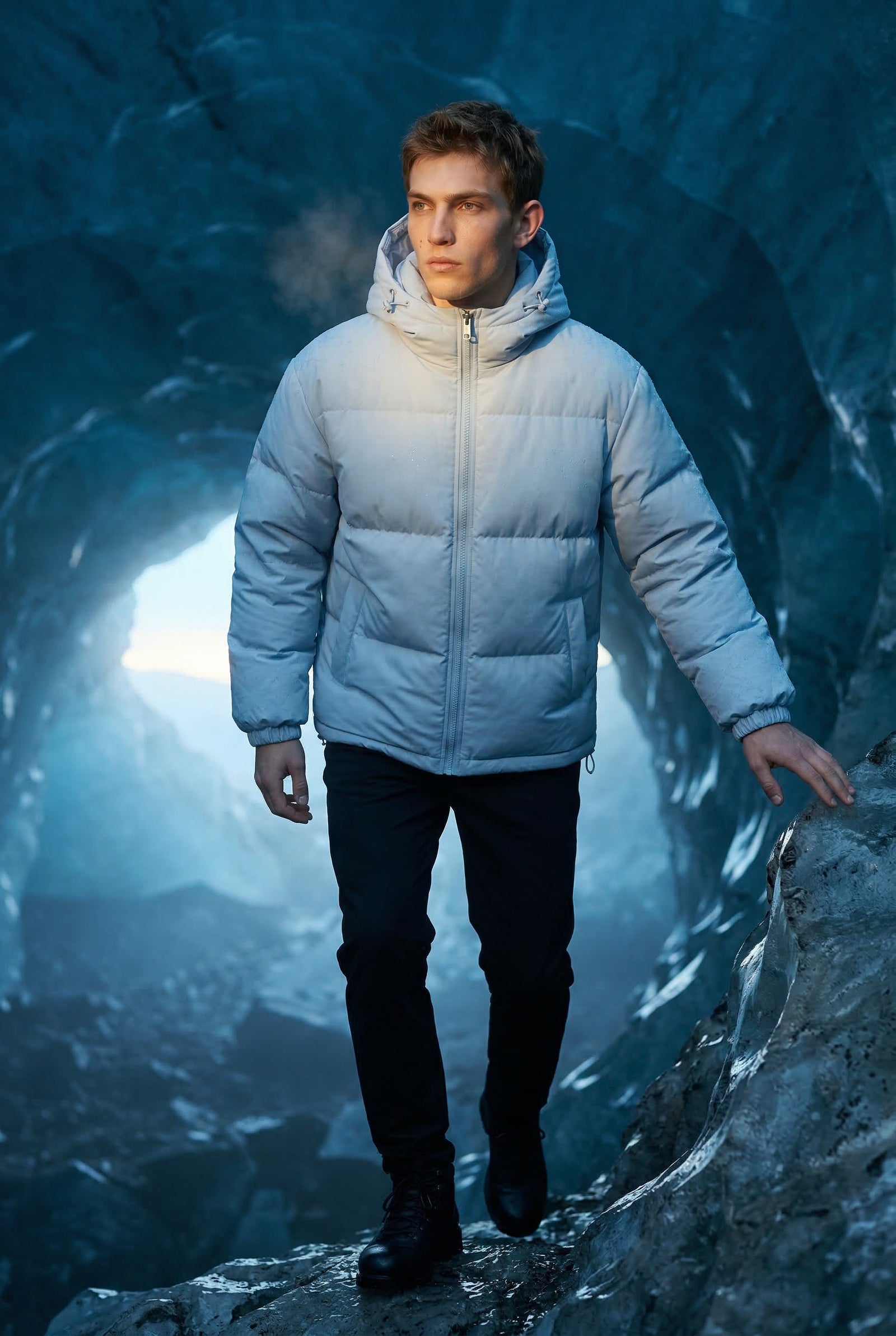 Light Blue Boxy Hooded Puffer Jacket with High Neck - Hooded jackets - Photo 12