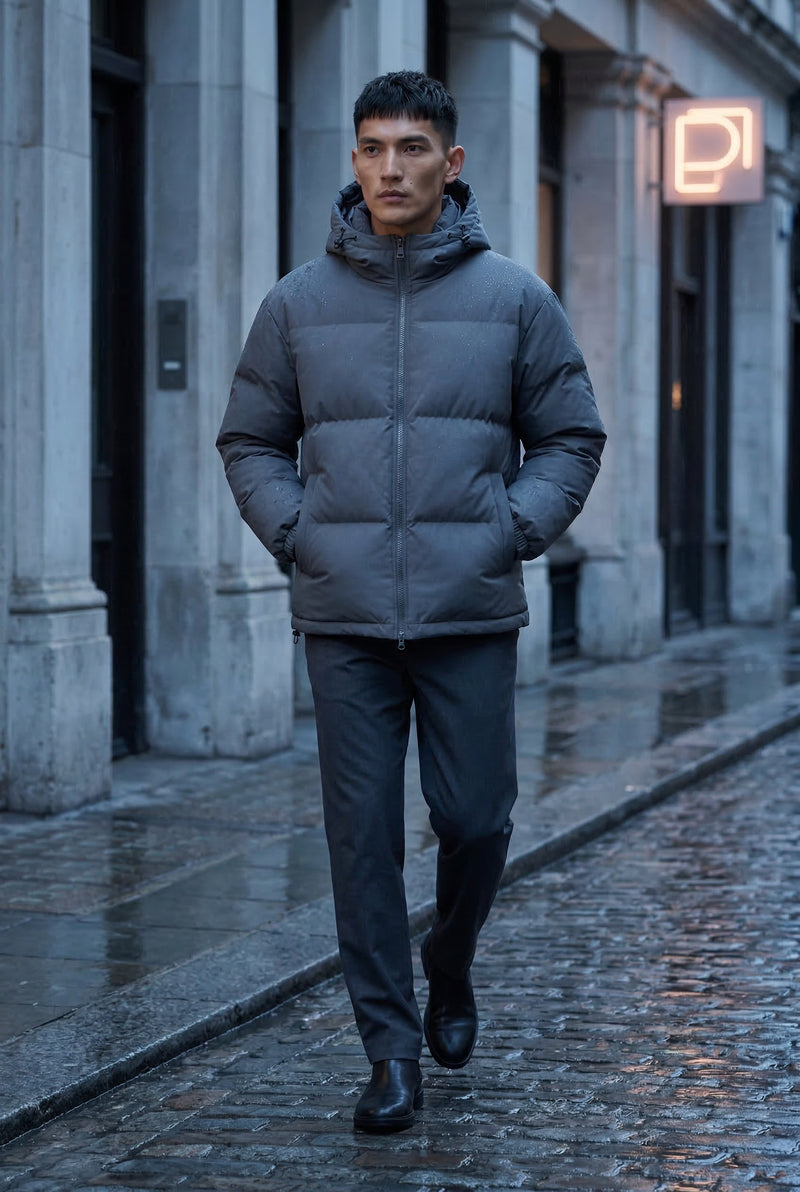 Gray Boxy Hooded Puffer Jacket with High Neck - Hooded jackets - Photo 3