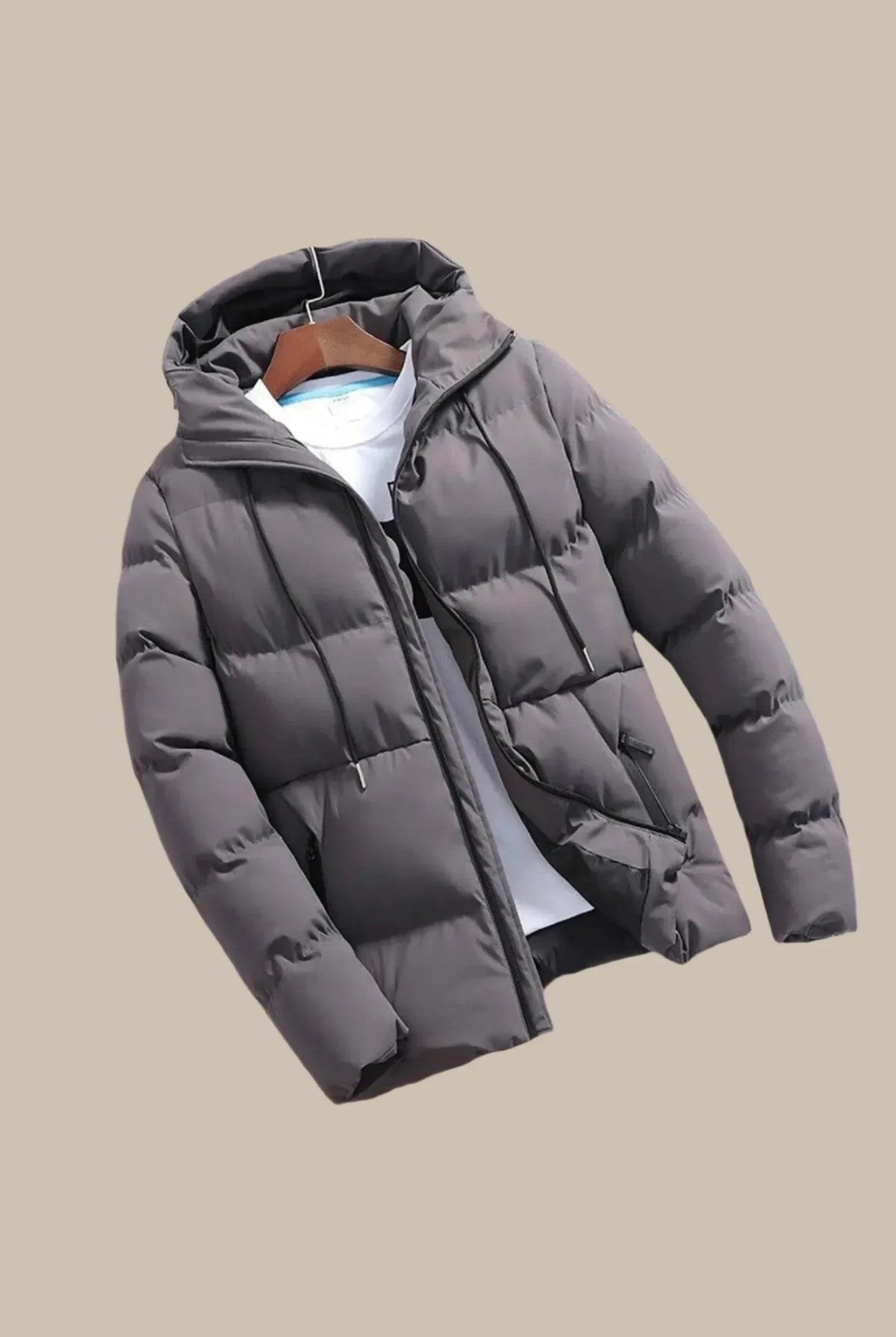 Broad Baffle Hooded Puffer in Gray — front view