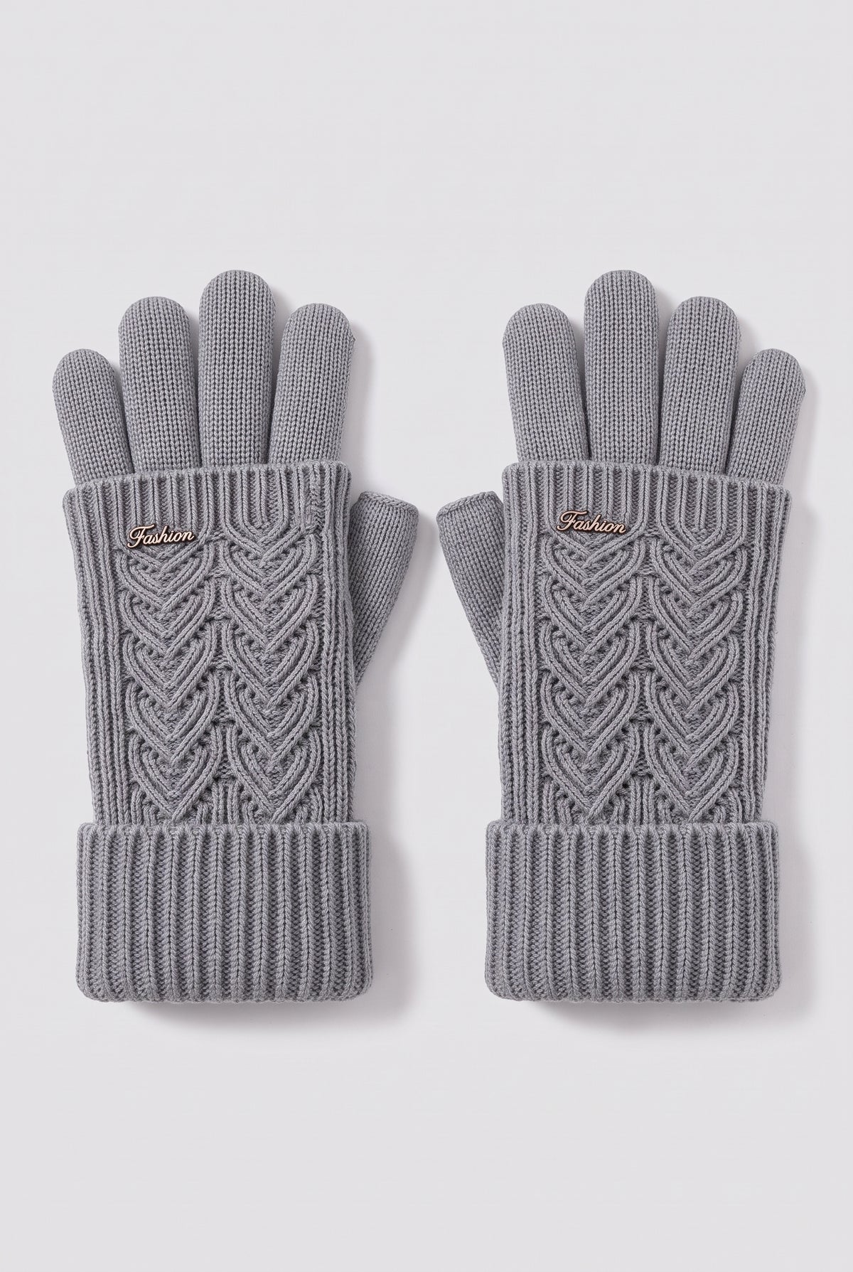 Cable-Knit Gloves with Ribbed Cuffs in Gray — studio front