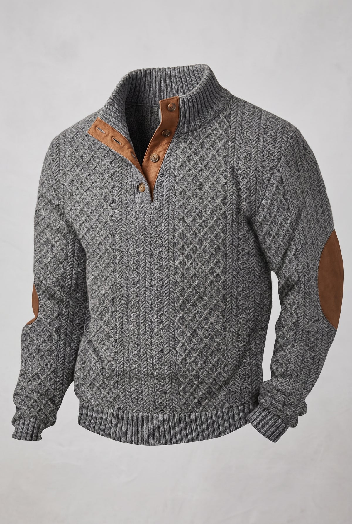 Cable Knit Quarter-Button Sweater in Gray — studio front