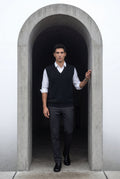 Black Cable V-neck Sweater Vest with Ribbed Hem - Vests - Photo 11