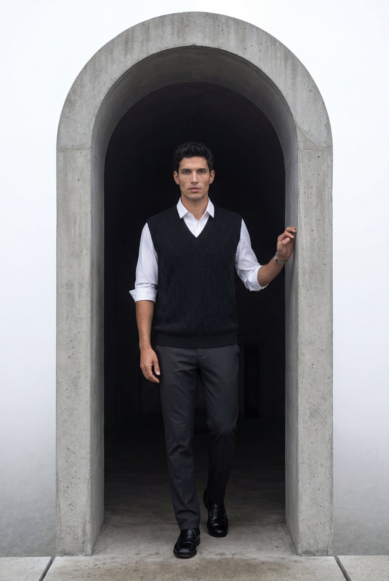 Black Cable V-neck Sweater Vest with Ribbed Hem - Vests - Photo 11