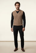 Khaki Cable V-neck Sweater Vest with Ribbed Hem - Vests - Photo 13