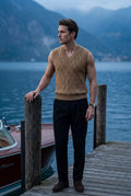 Khaki Cable V-neck Sweater Vest with Ribbed Hem - Vests - Photo 18