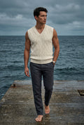 Cream Cable V-neck Sweater Vest with Ribbed Hem - Vests - Photo 3