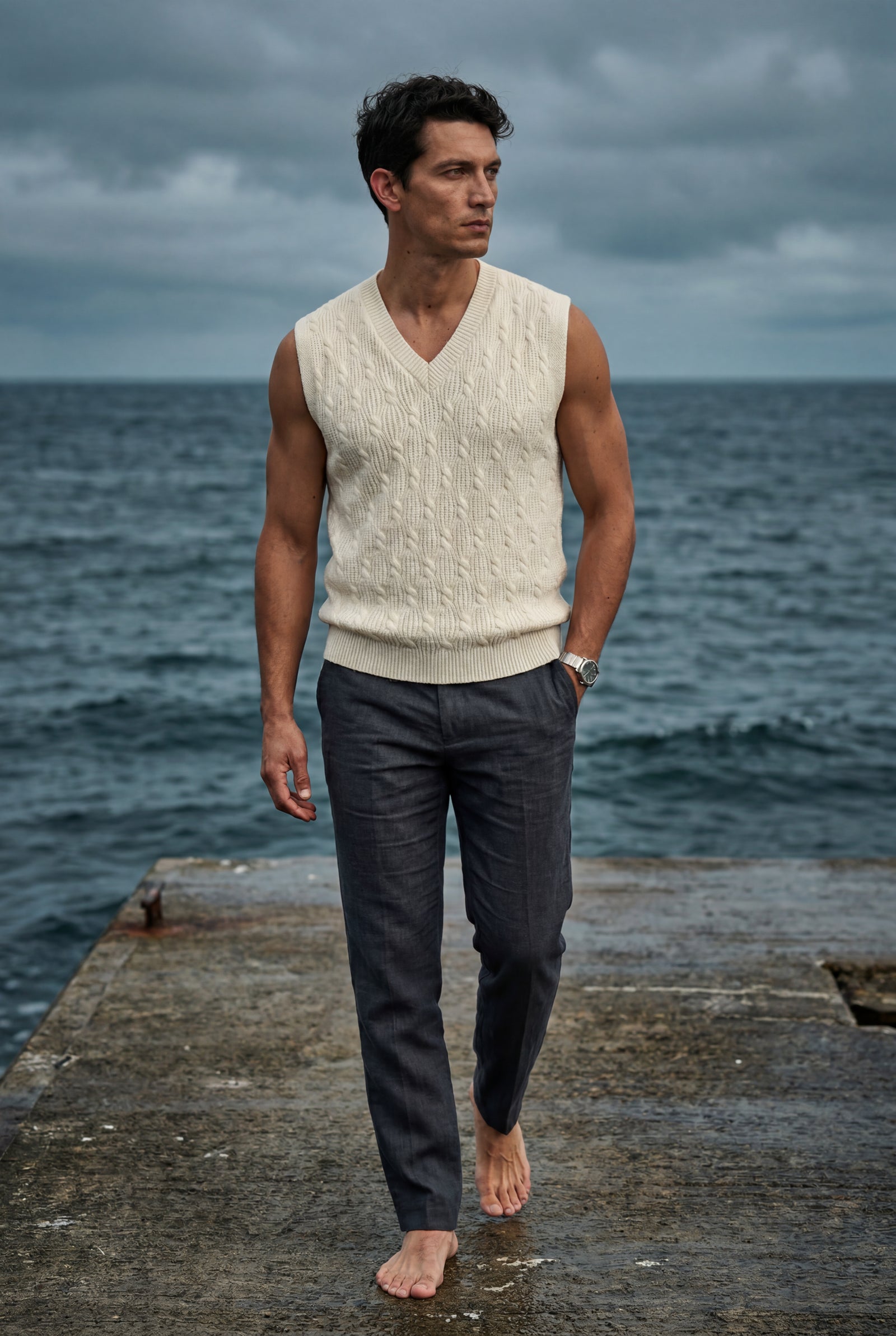 Cream Cable V-neck Sweater Vest with Ribbed Hem - Vests - Photo 3