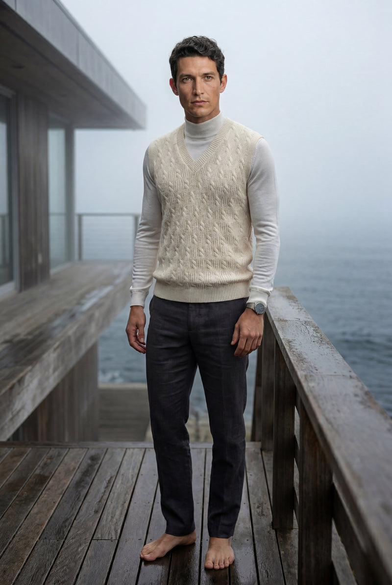 Cream Cable V-neck Sweater Vest with Ribbed Hem - Vests - Photo 4