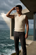 Cream Cable V-neck Sweater Vest with Ribbed Hem - Vests - Photo 5