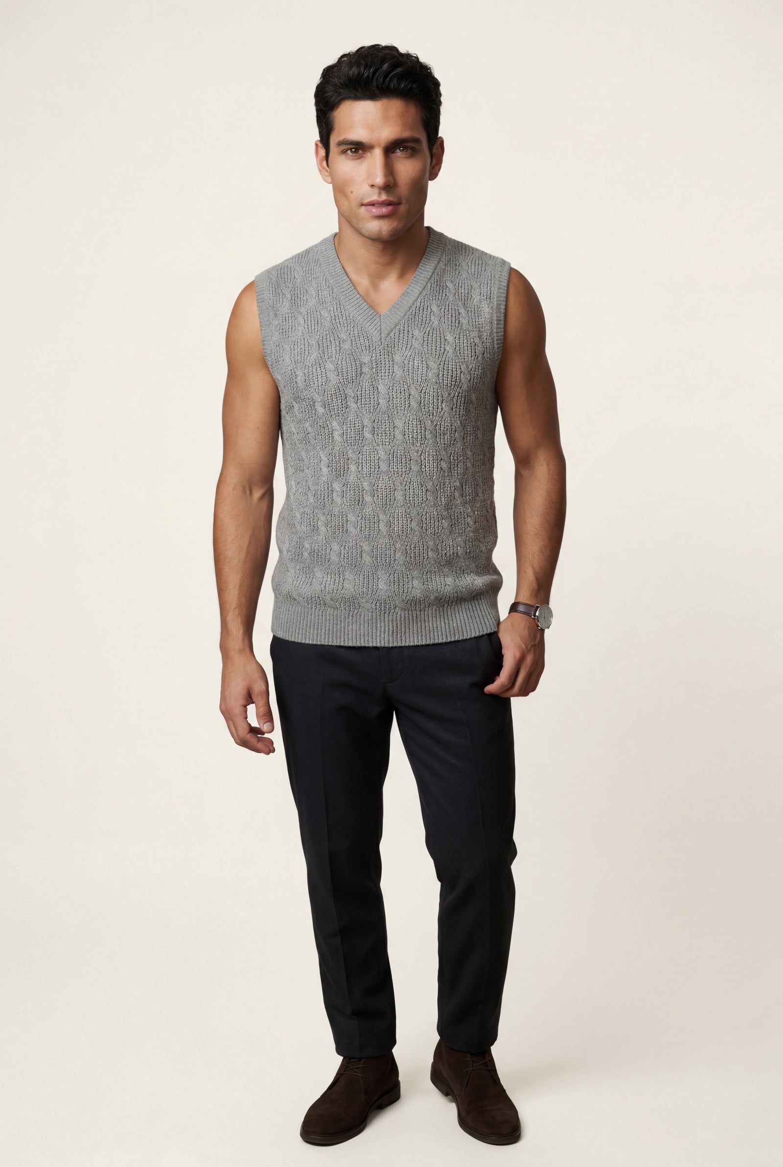 Gray Cable V-neck Sweater Vest with Ribbed Hem - Vests - Photo 6