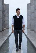 Black Cable V-neck Sweater Vest with Ribbed Hem - Vests - Photo 7