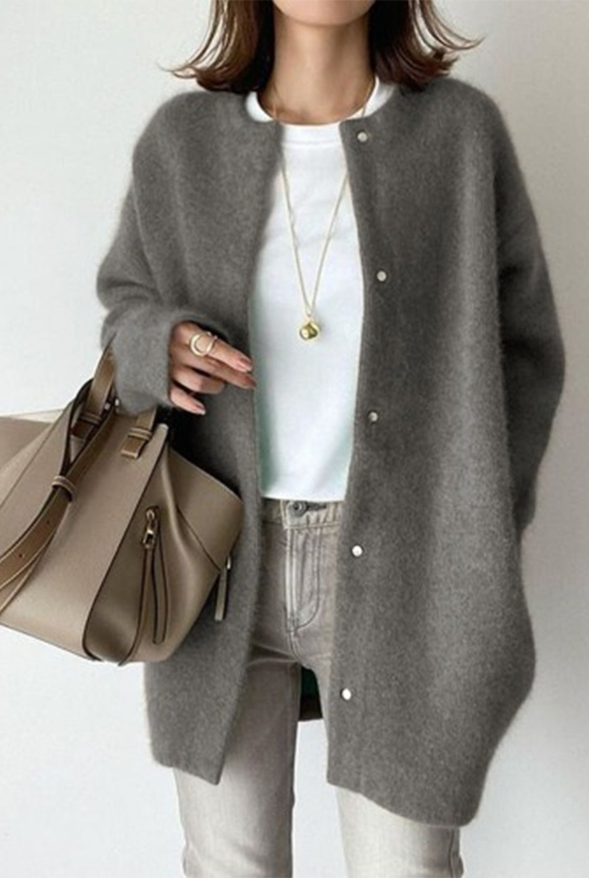Cashmere Button-Front Cardigan in Gray — front view