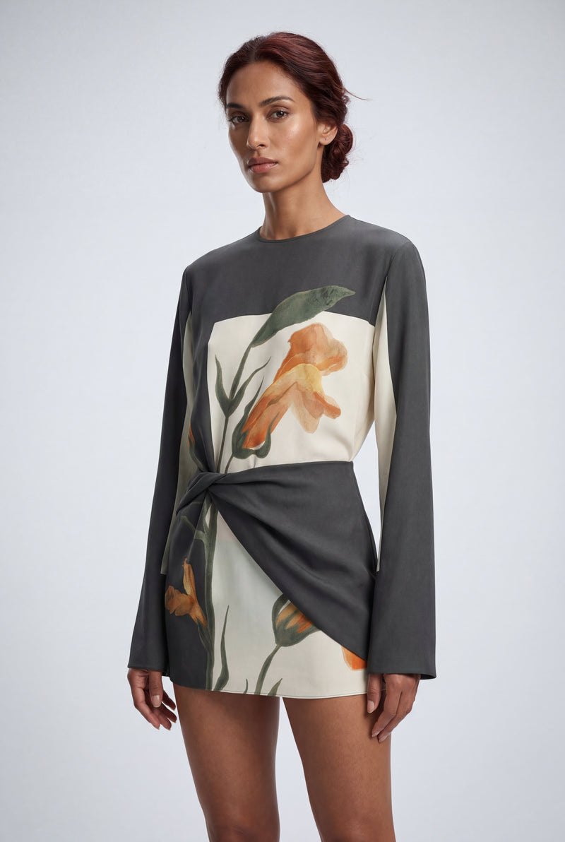Gray Charcoal Botanical Print Draped Overlay Mini Cocktail Dress - Photo 3