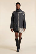 Gray Charcoal Grey Boxy Jacket with Contrast Trim and Scarf - Tailored jackets - Photo 1