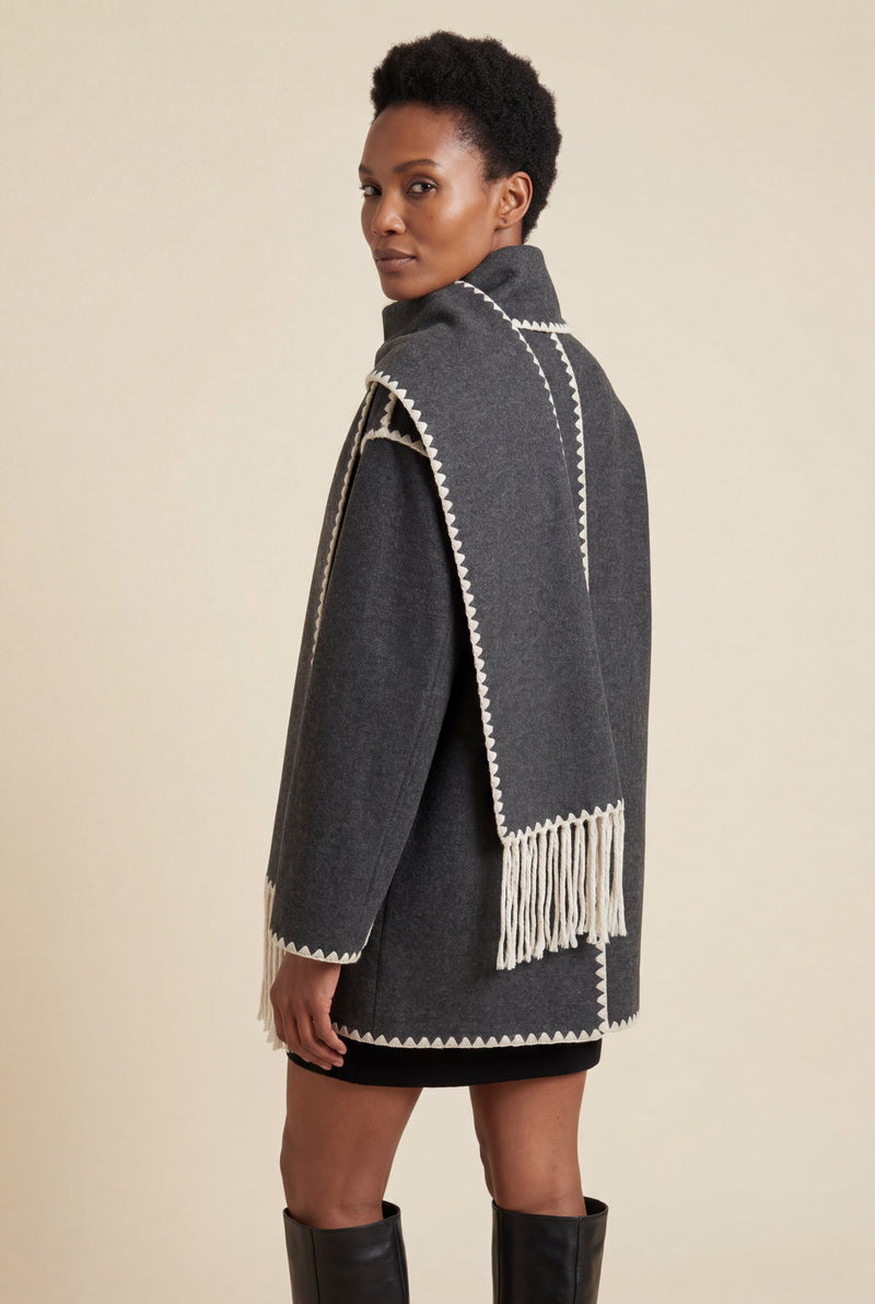 Gray Charcoal Grey Boxy Jacket with Contrast Trim and Scarf - Tailored jackets - Photo 2