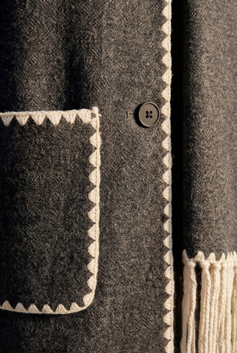 Gray Charcoal Grey Boxy Jacket with Contrast Trim and Scarf - Tailored jackets - Photo 3